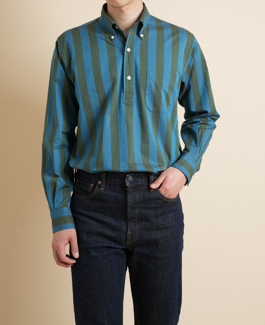Vintage Ivy Olive green and Blue Stripe Popover – Kamakura Shirts